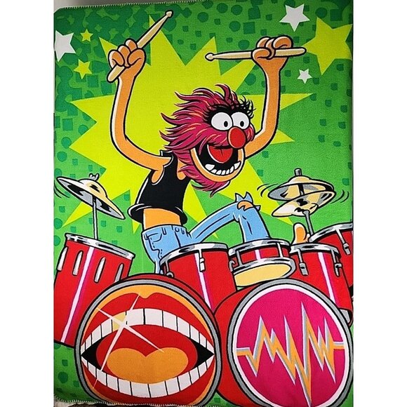 Vintage Disney Muppets Throw Blanket Fleece Animal On Drums 59" x 48" Clean - Picture 6 of 10